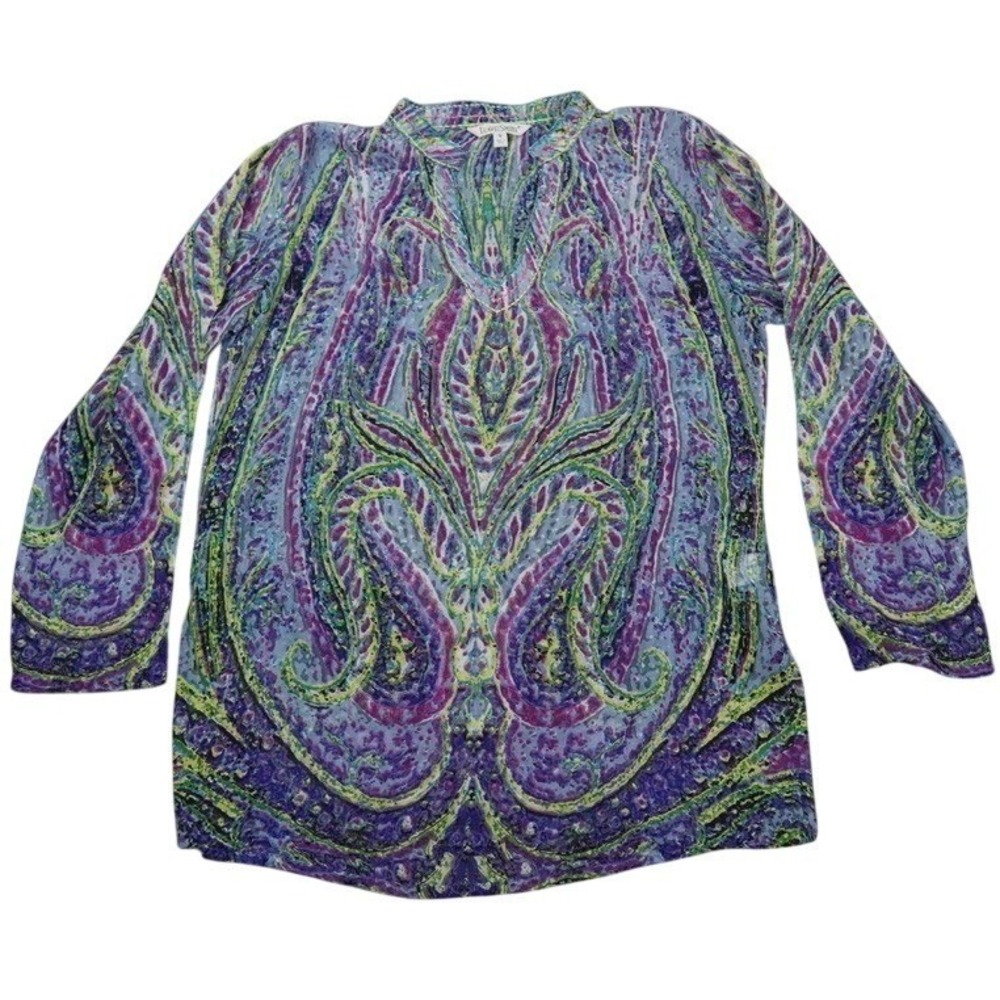 TravelSmith Tunic Top Womens Medium Purple Paisley Split Neck Boho Sheer Hippie